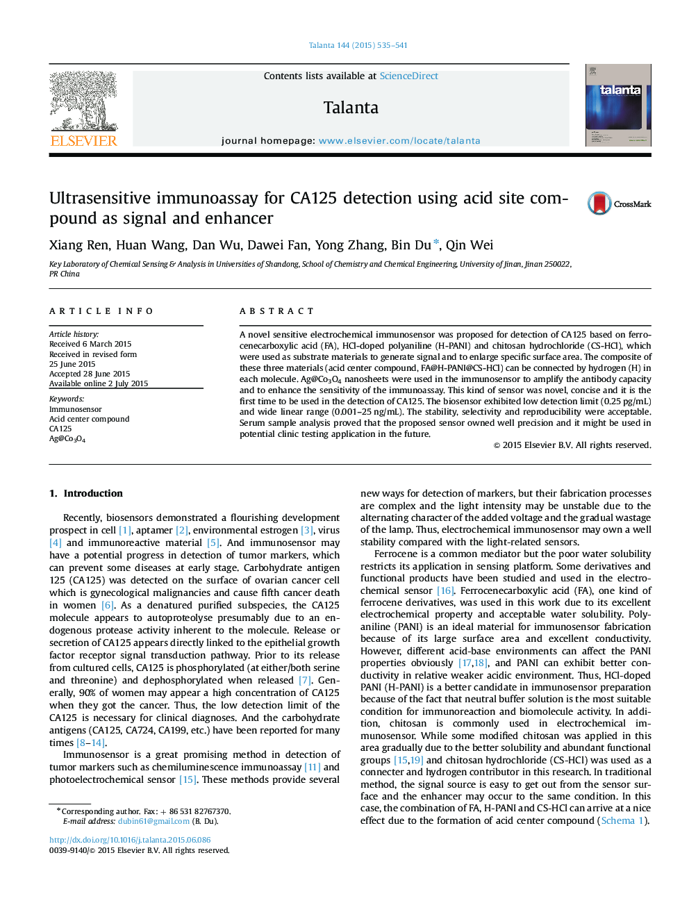 Ultrasensitive immunoassay for CA125 detection using acid site compound as signal and enhancer