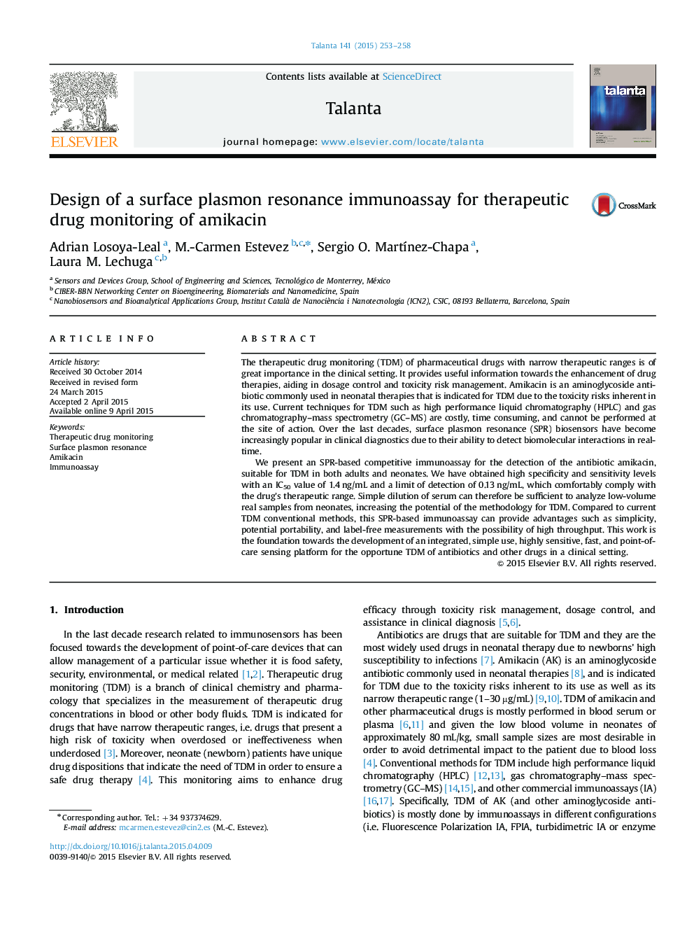 Design of a surface plasmon resonance immunoassay for therapeutic drug monitoring of amikacin