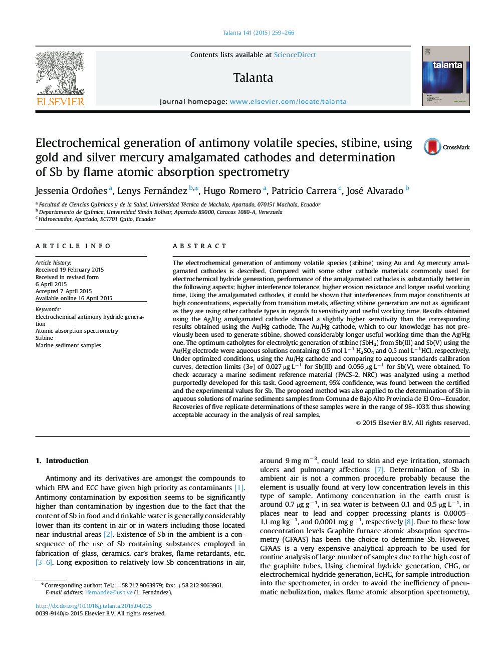 Electrochemical generation of antimony volatile species, stibine, using gold and silver mercury amalgamated cathodes and determination of Sb by flame atomic absorption spectrometry