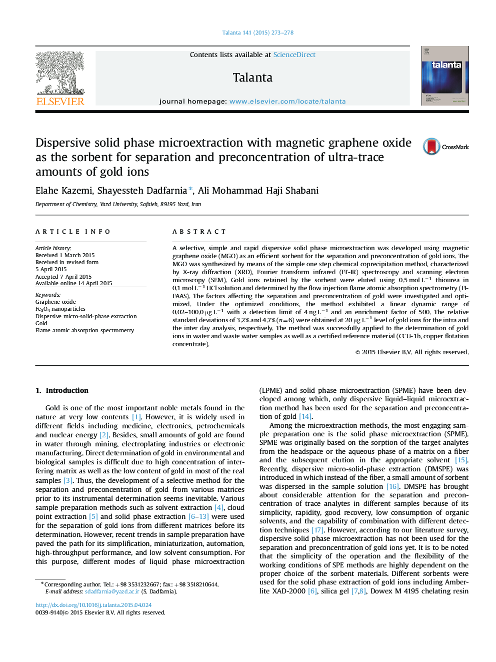 Dispersive solid phase microextraction with magnetic graphene oxide as the sorbent for separation and preconcentration of ultra-trace amounts of gold ions