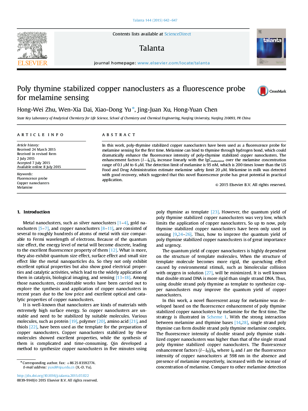 Poly thymine stabilized copper nanoclusters as a fluorescence probe for melamine sensing