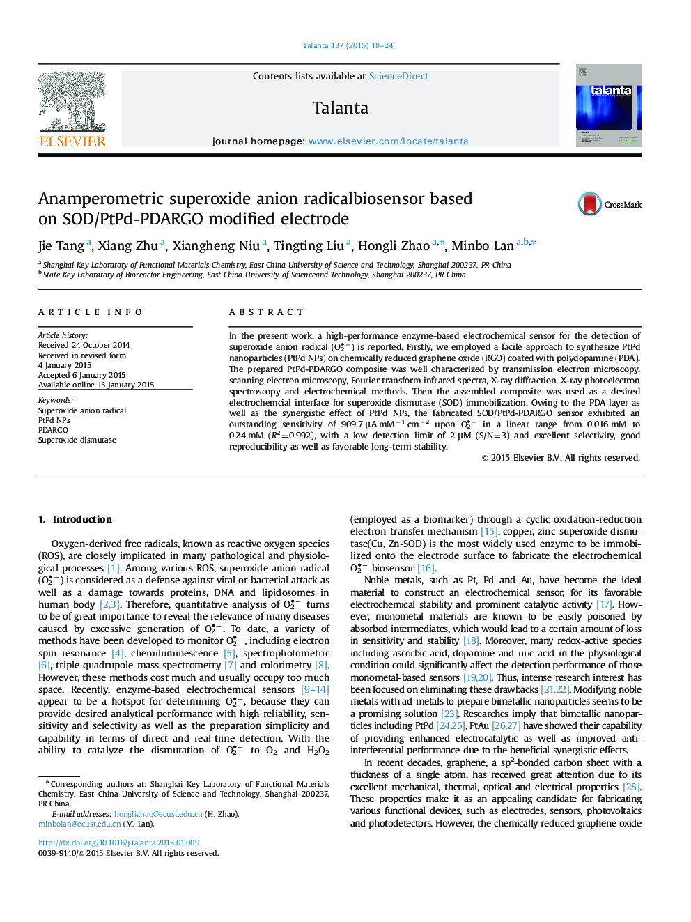 Anamperometric superoxide anion radicalbiosensor based on SOD/PtPd-PDARGO modified electrode