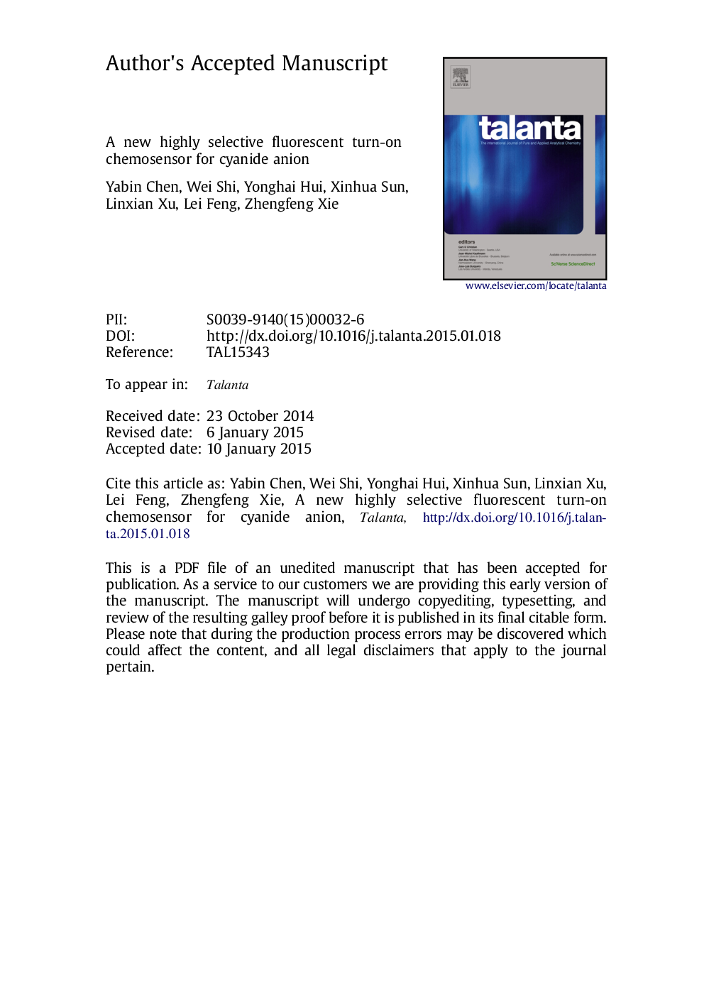 A new highly selective fluorescent turn-on chemosensor for cyanide anion