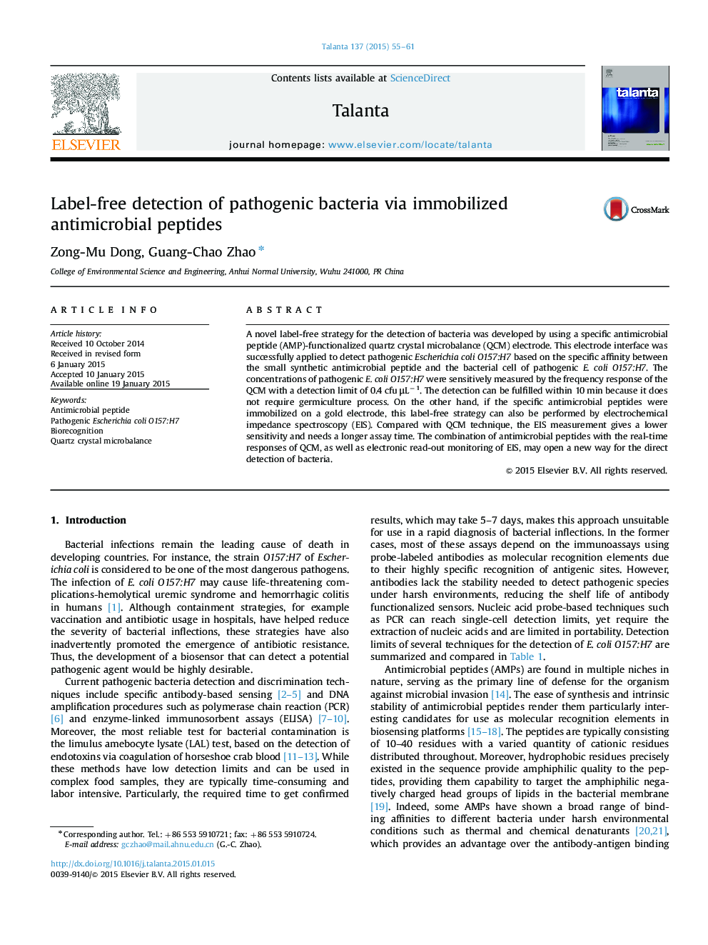 Label-free detection of pathogenic bacteria via immobilized antimicrobial peptides