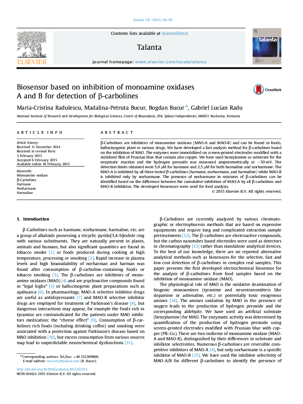 Biosensor based on inhibition of monoamine oxidases A and B for detection of Î²-carbolines