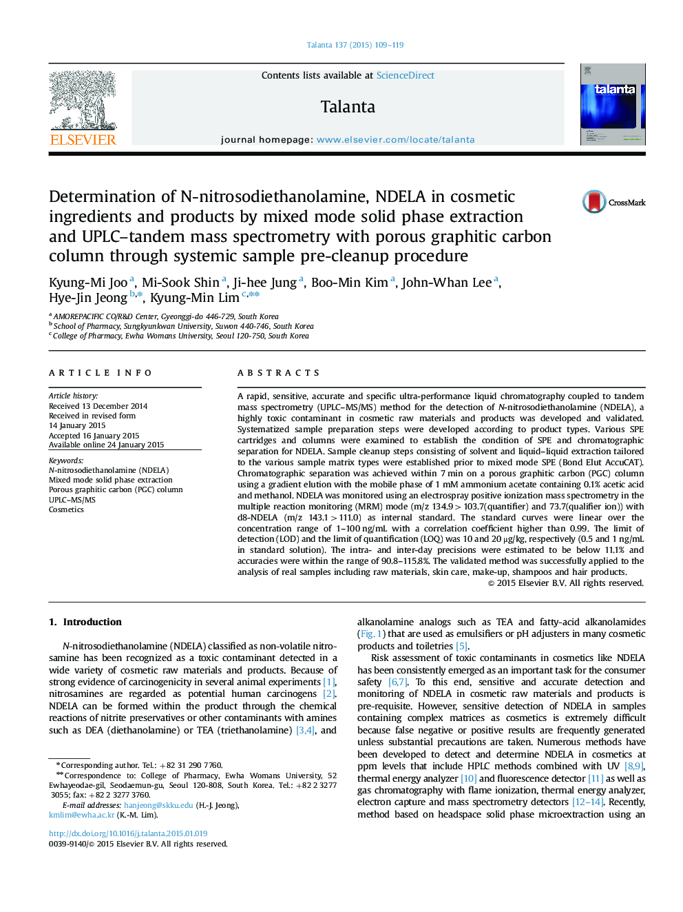 Determination of N-nitrosodiethanolamine, NDELA in cosmetic ingredients and products by mixed mode solid phase extraction and UPLC-tandem mass spectrometry with porous graphitic carbon column through systemic sample pre-cleanup procedure