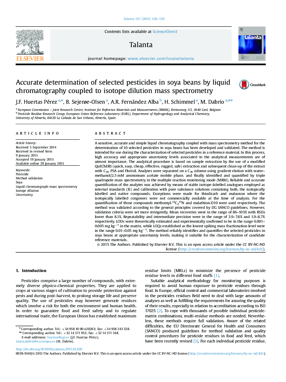 Accurate determination of selected pesticides in soya beans by liquid chromatography coupled to isotope dilution mass spectrometry