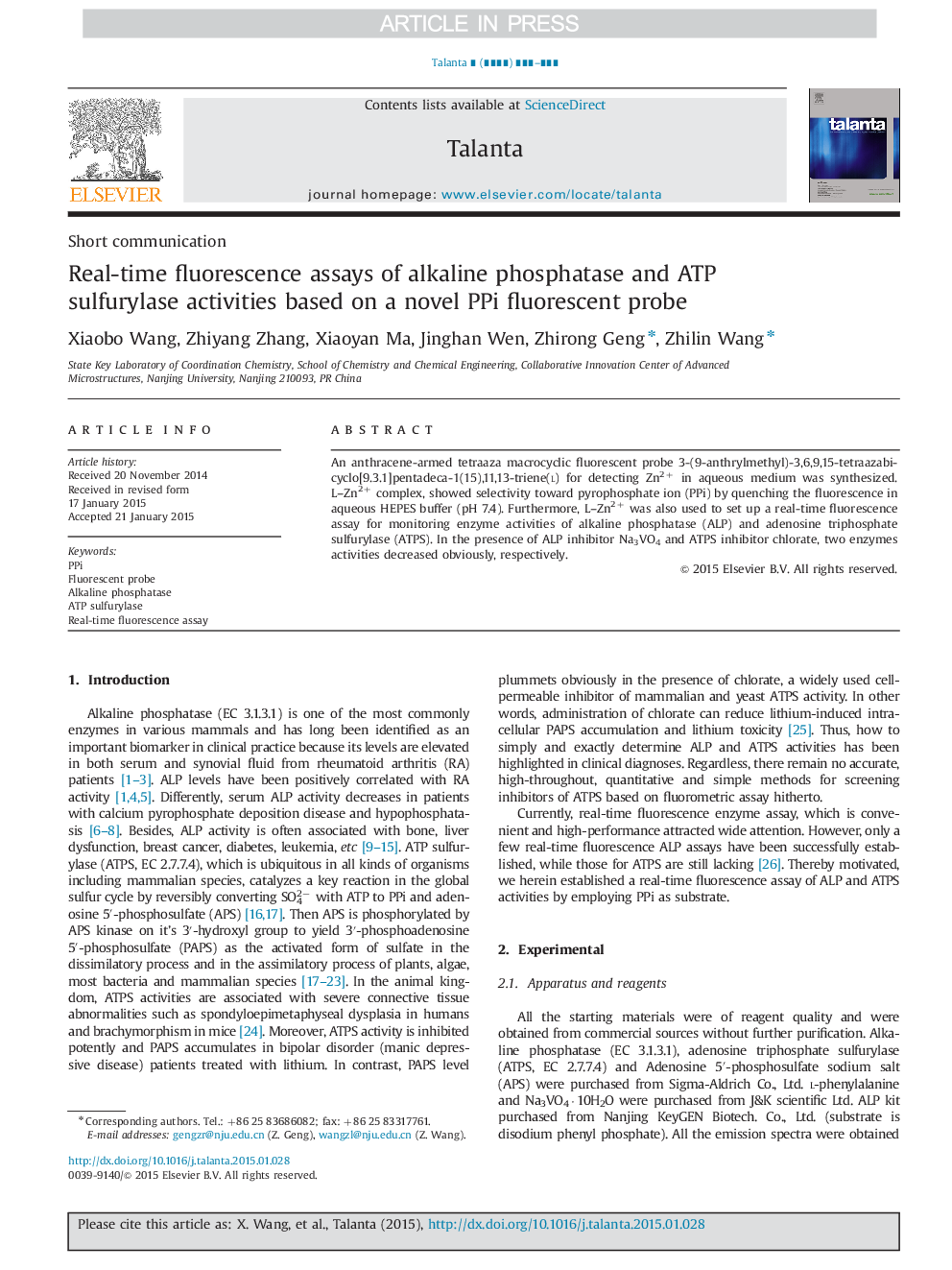 Real-time fluorescence assays of alkaline phosphatase and ATP sulfurylase activities based on a novel PPi fluorescent probe