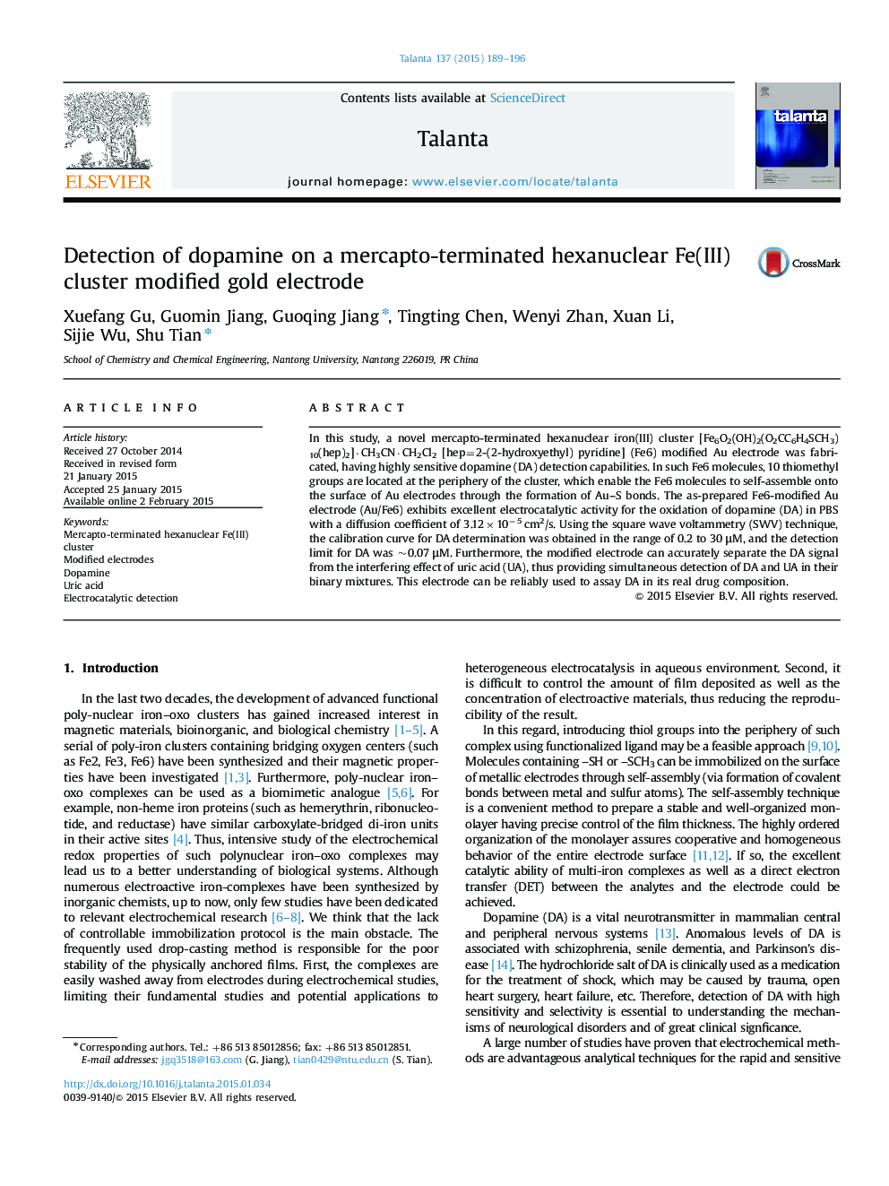 Detection of dopamine on a mercapto-terminated hexanuclear Fe(III) cluster modified gold electrode