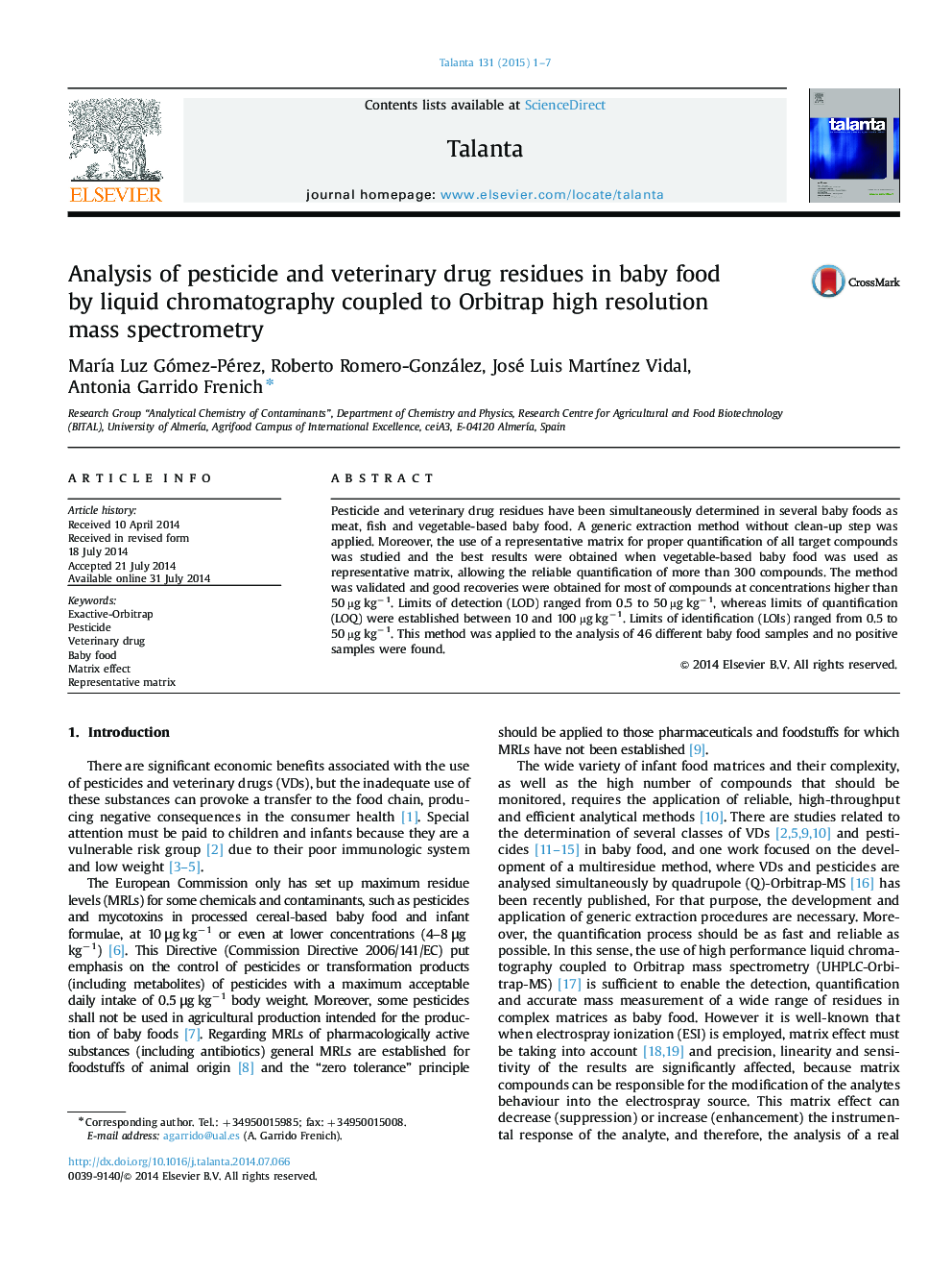 Analysis of pesticide and veterinary drug residues in baby food by liquid chromatography coupled to Orbitrap high resolution mass spectrometry