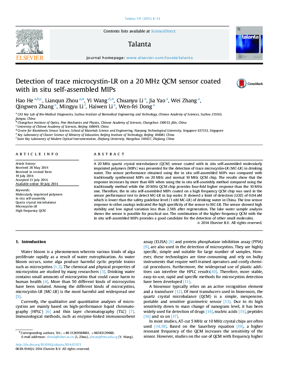 Detection of trace microcystin-LR on a 20Â MHz QCM sensor coated with in situ self-assembled MIPs