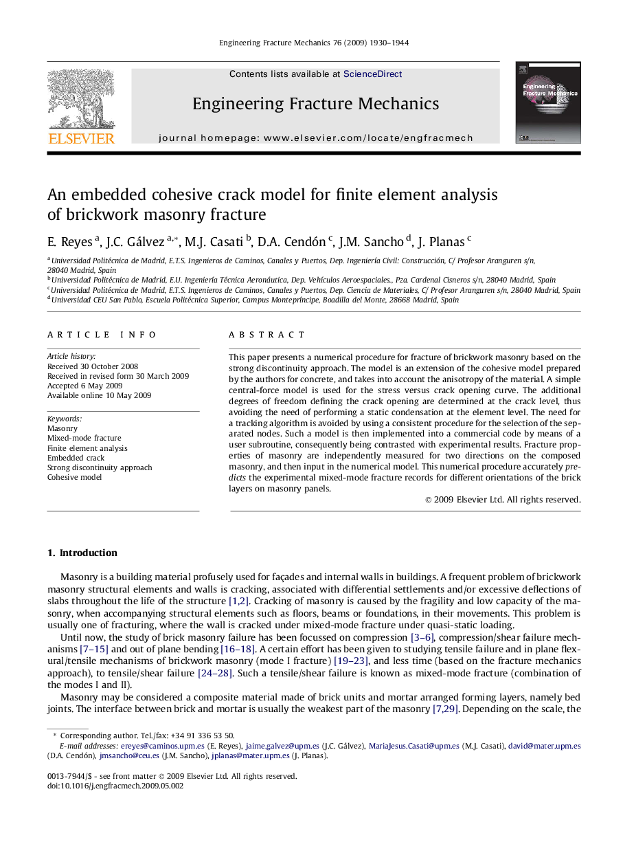 An embedded cohesive crack model for finite element analysis of brickwork masonry fracture