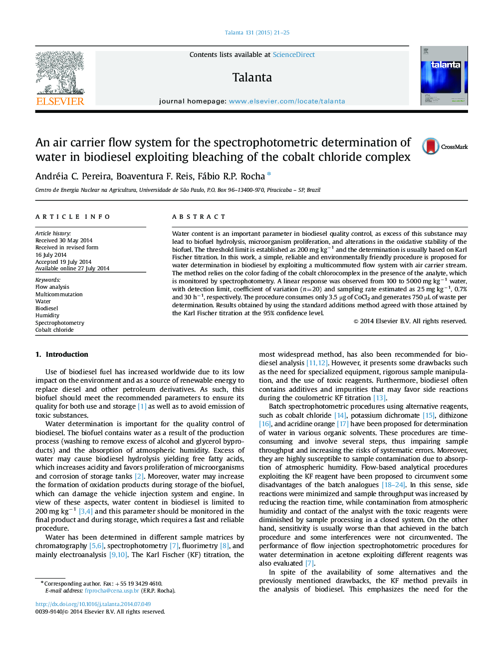 An air carrier flow system for the spectrophotometric determination of water in biodiesel exploiting bleaching of the cobalt chloride complex