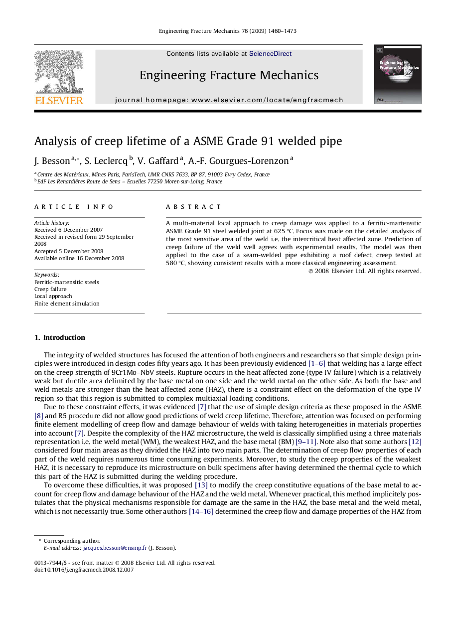 Analysis of creep lifetime of a ASME Grade 91 welded pipe