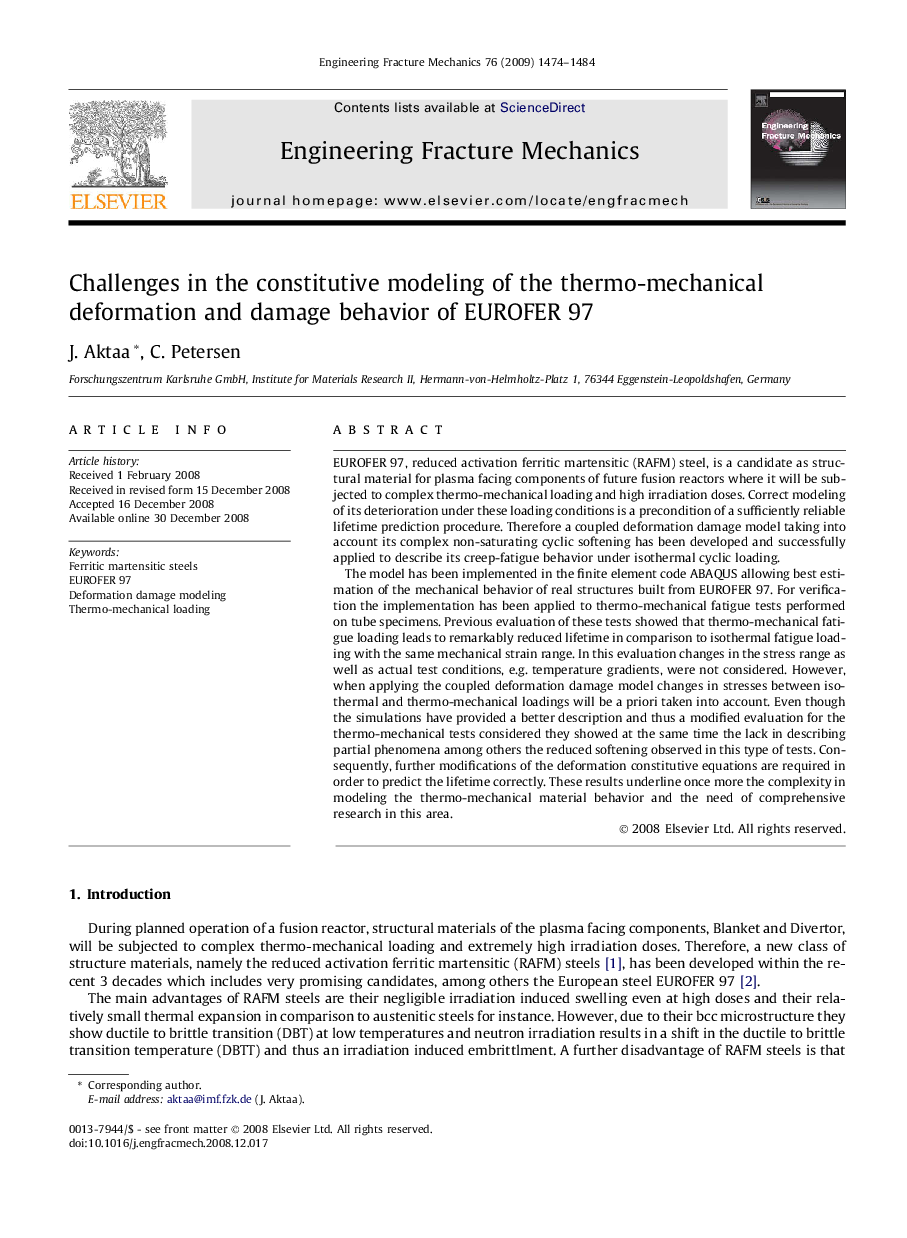 Challenges in the constitutive modeling of the thermo-mechanical deformation and damage behavior of EUROFER 97