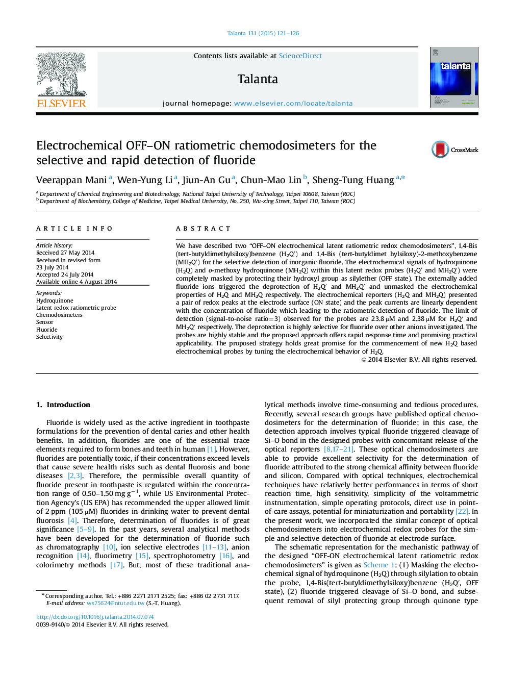 Electrochemical OFF-ON ratiometric chemodosimeters for the selective and rapid detection of fluoride