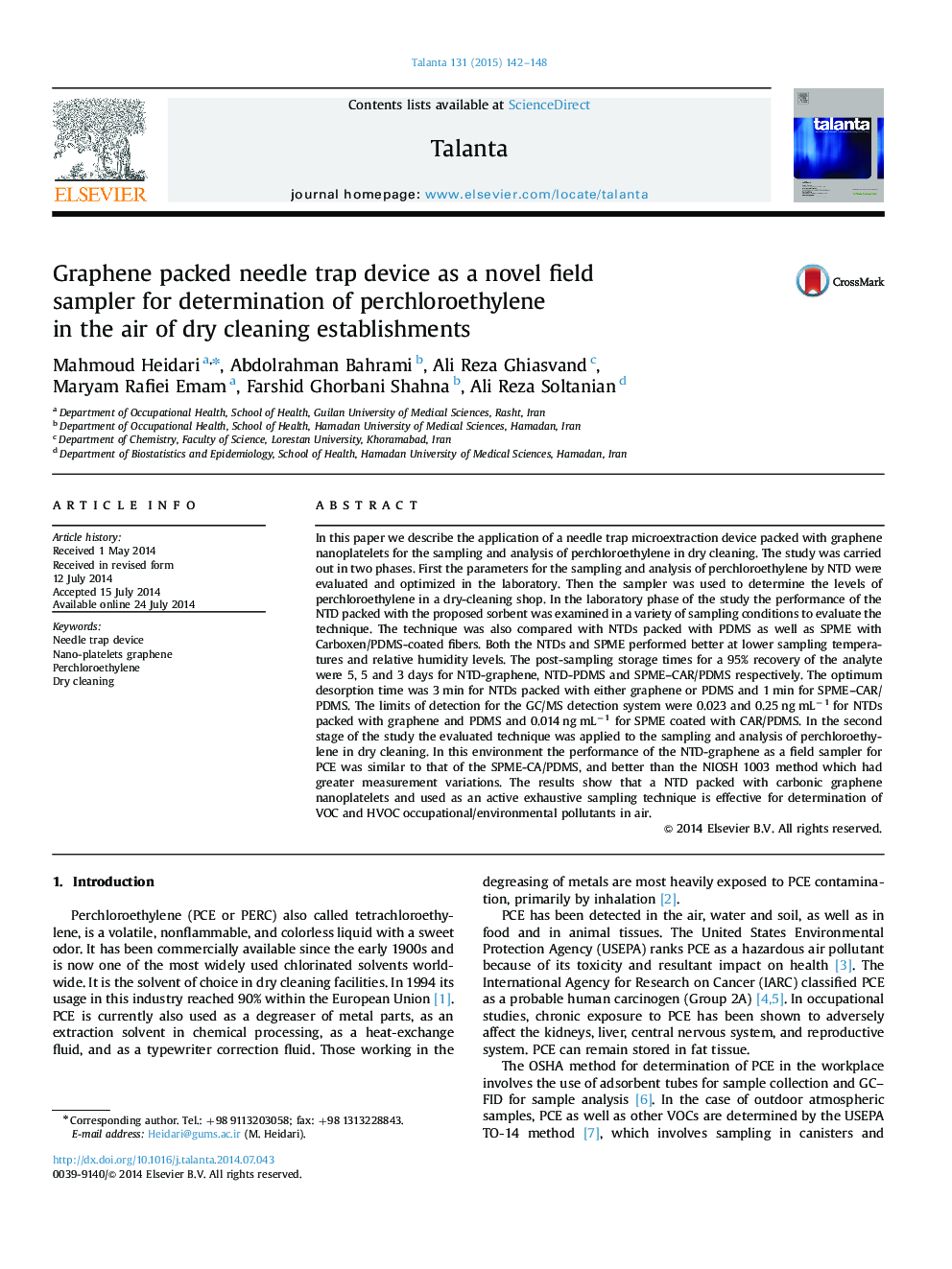 Graphene packed needle trap device as a novel field sampler for determination of perchloroethylene in the air of dry cleaning establishments