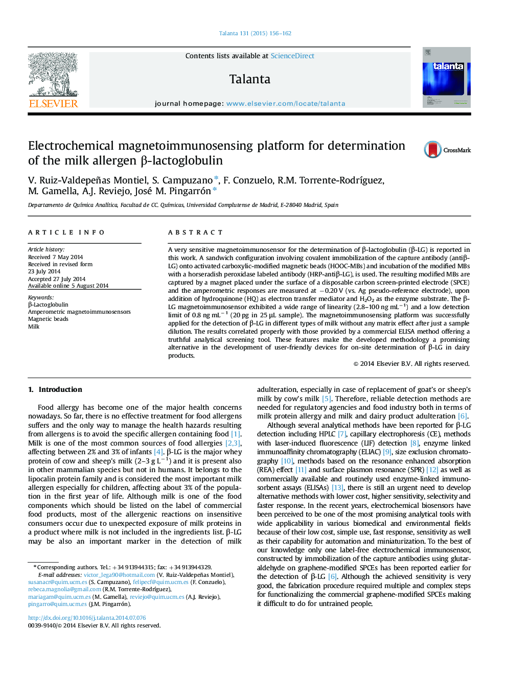 Electrochemical magnetoimmunosensing platform for determination of the milk allergen Î²-lactoglobulin