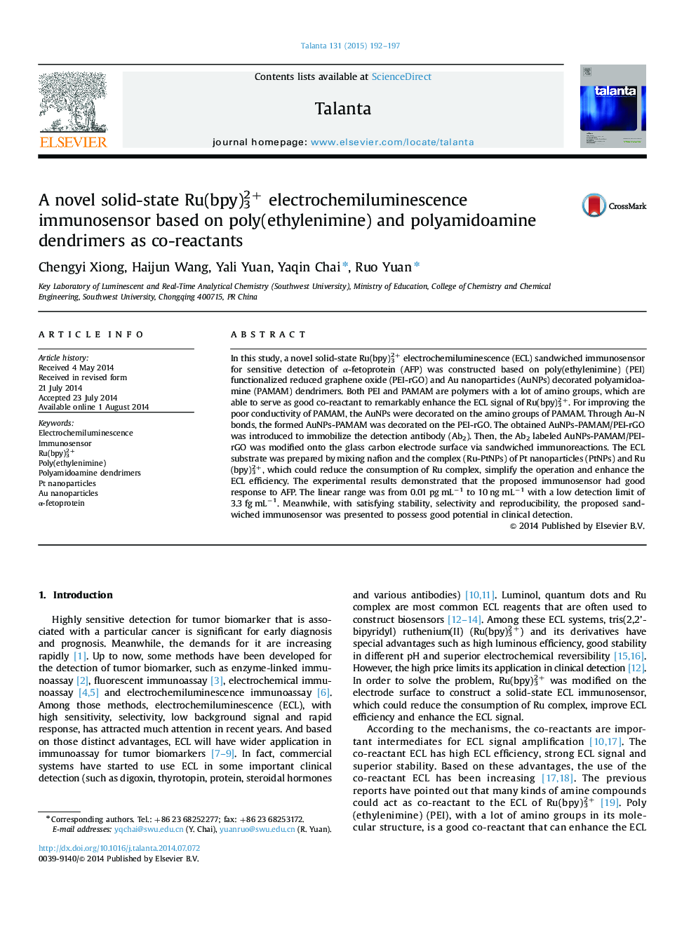 A novel solid-state Ru(bpy)32+ electrochemiluminescence immunosensor based on poly(ethylenimine) and polyamidoamine dendrimers as co-reactants