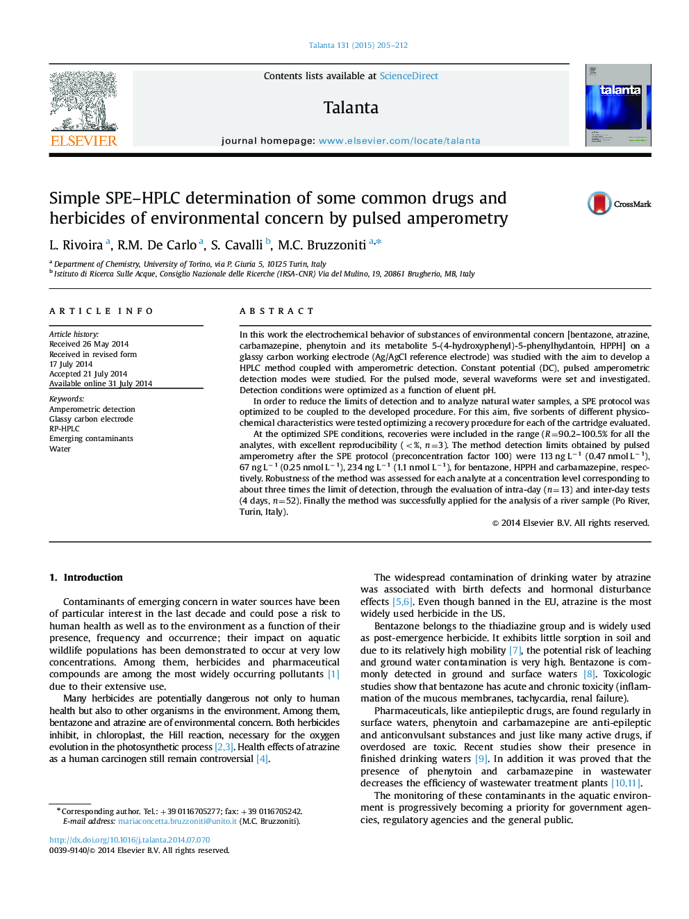 Simple SPE-HPLC determination of some common drugs and herbicides of environmental concern by pulsed amperometry