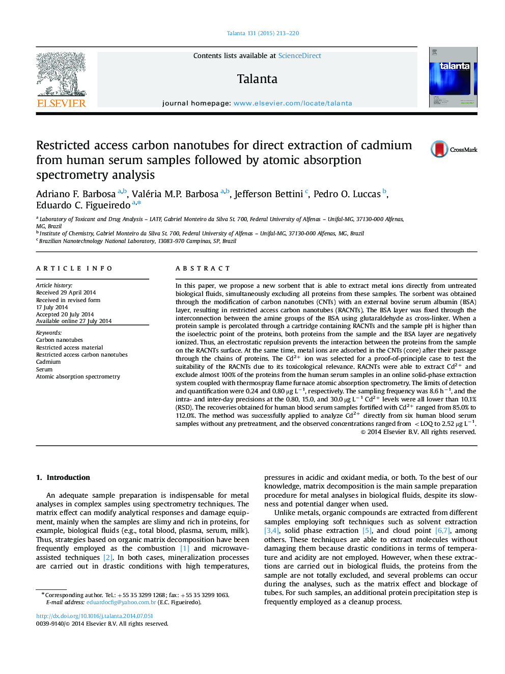 Restricted access carbon nanotubes for direct extraction of cadmium from human serum samples followed by atomic absorption spectrometry analysis