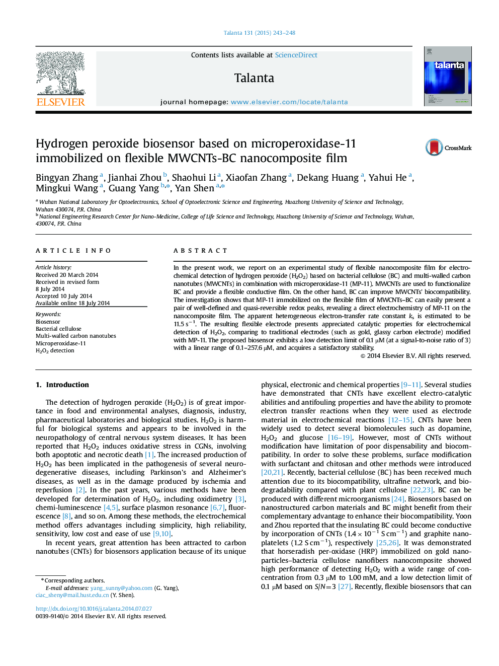 Hydrogen peroxide biosensor based on microperoxidase-11 immobilized on flexible MWCNTs-BC nanocomposite film