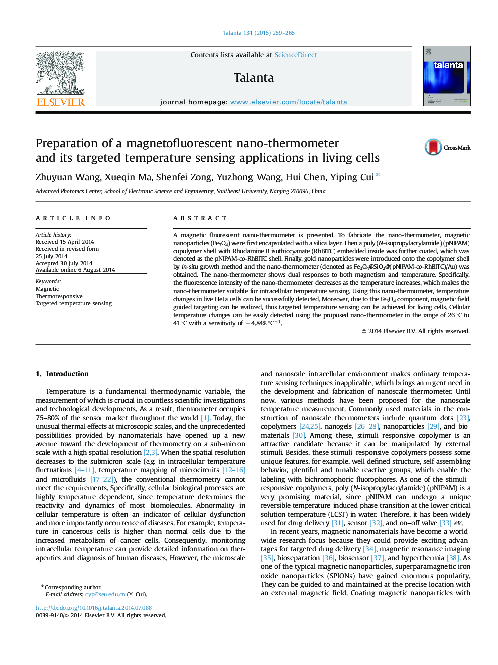 Preparation of a magnetofluorescent nano-thermometer and its targeted temperature sensing applications in living cells