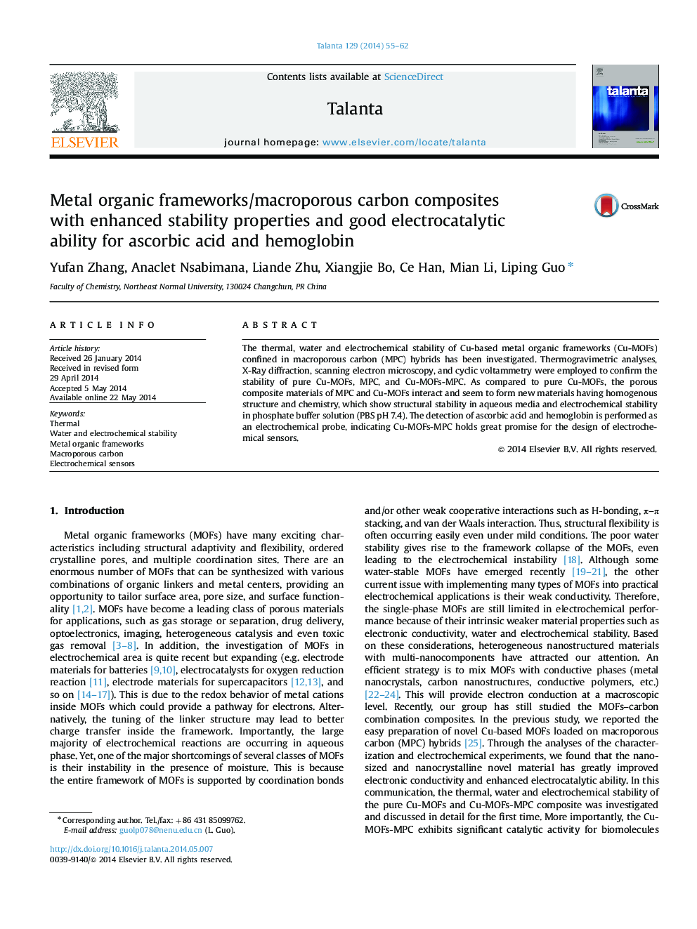 Metal organic frameworks/macroporous carbon composites with enhanced stability properties and good electrocatalytic ability for ascorbic acid and hemoglobin