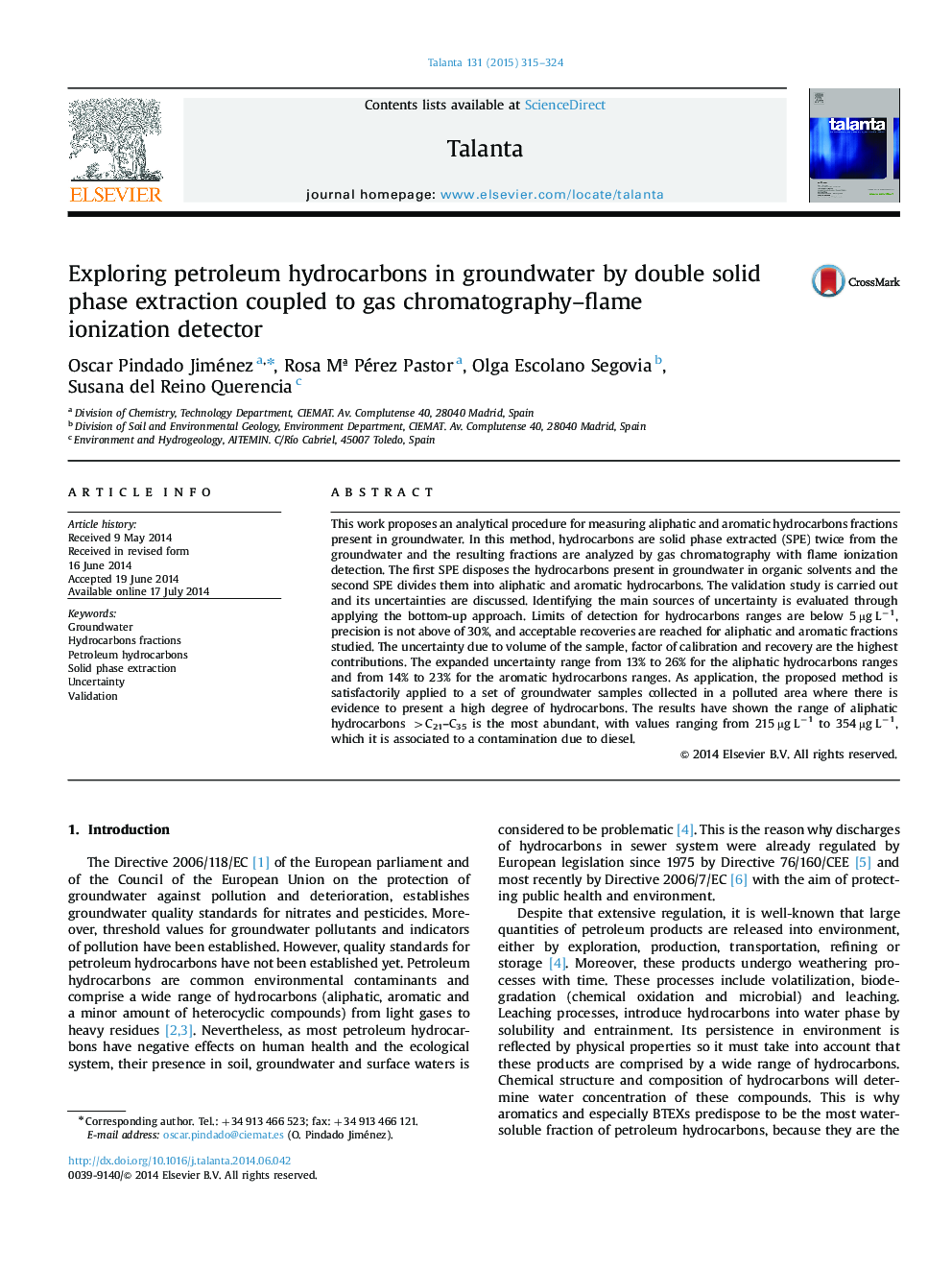 Exploring petroleum hydrocarbons in groundwater by double solid phase extraction coupled to gas chromatography-flame ionization detector