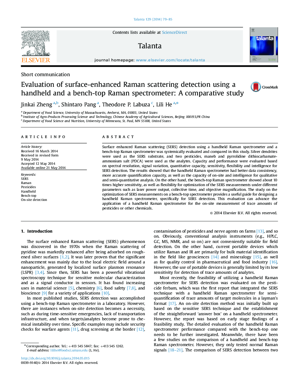 Evaluation of surface-enhanced Raman scattering detection using a handheld and a bench-top Raman spectrometer: A comparative study