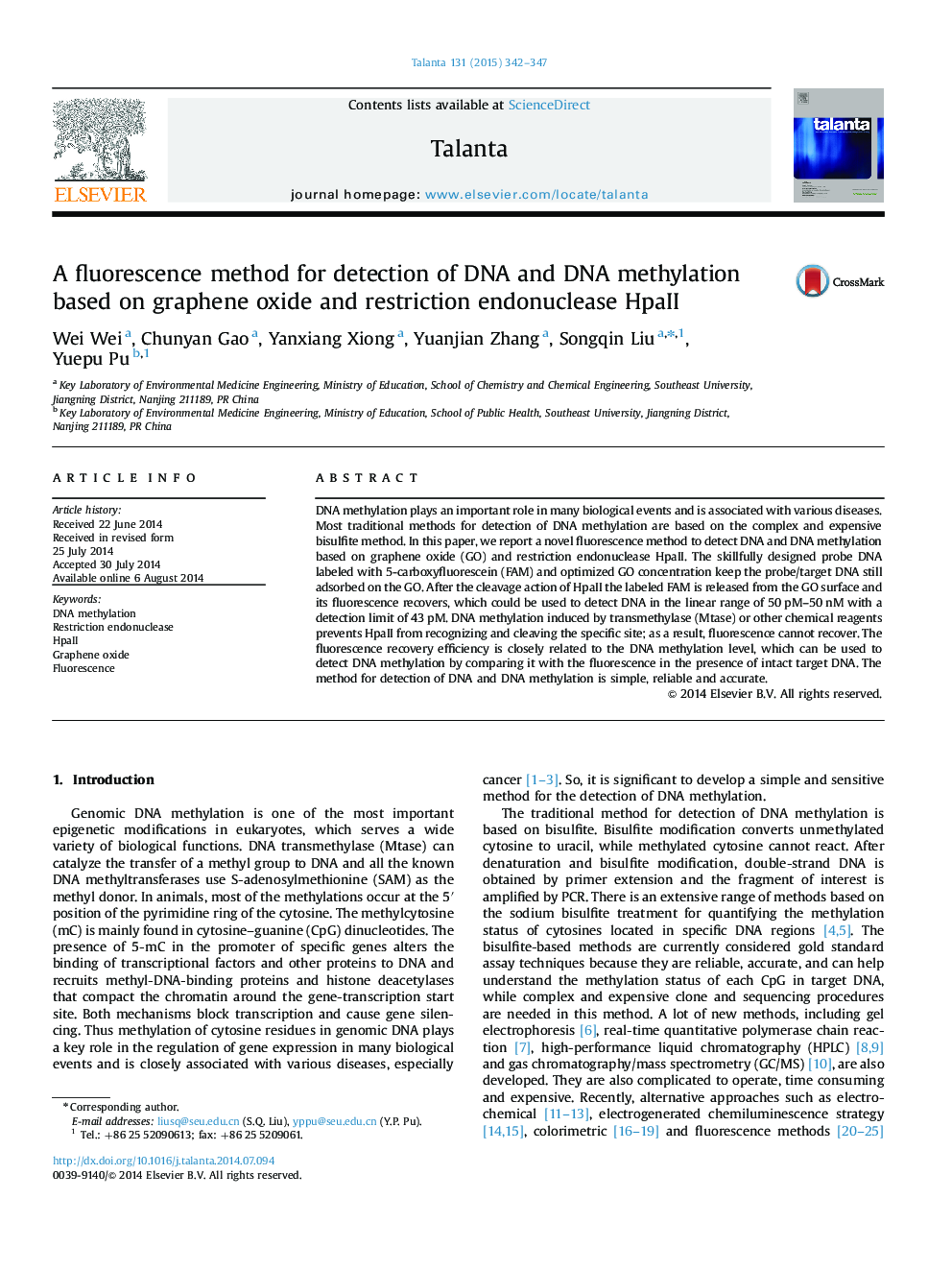A fluorescence method for detection of DNA and DNA methylation based on graphene oxide and restriction endonuclease HpaII
