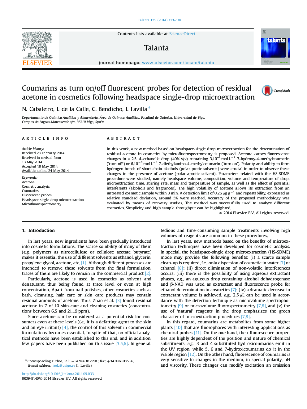 Coumarins as turn on/off fluorescent probes for detection of residual acetone in cosmetics following headspace single-drop microextraction