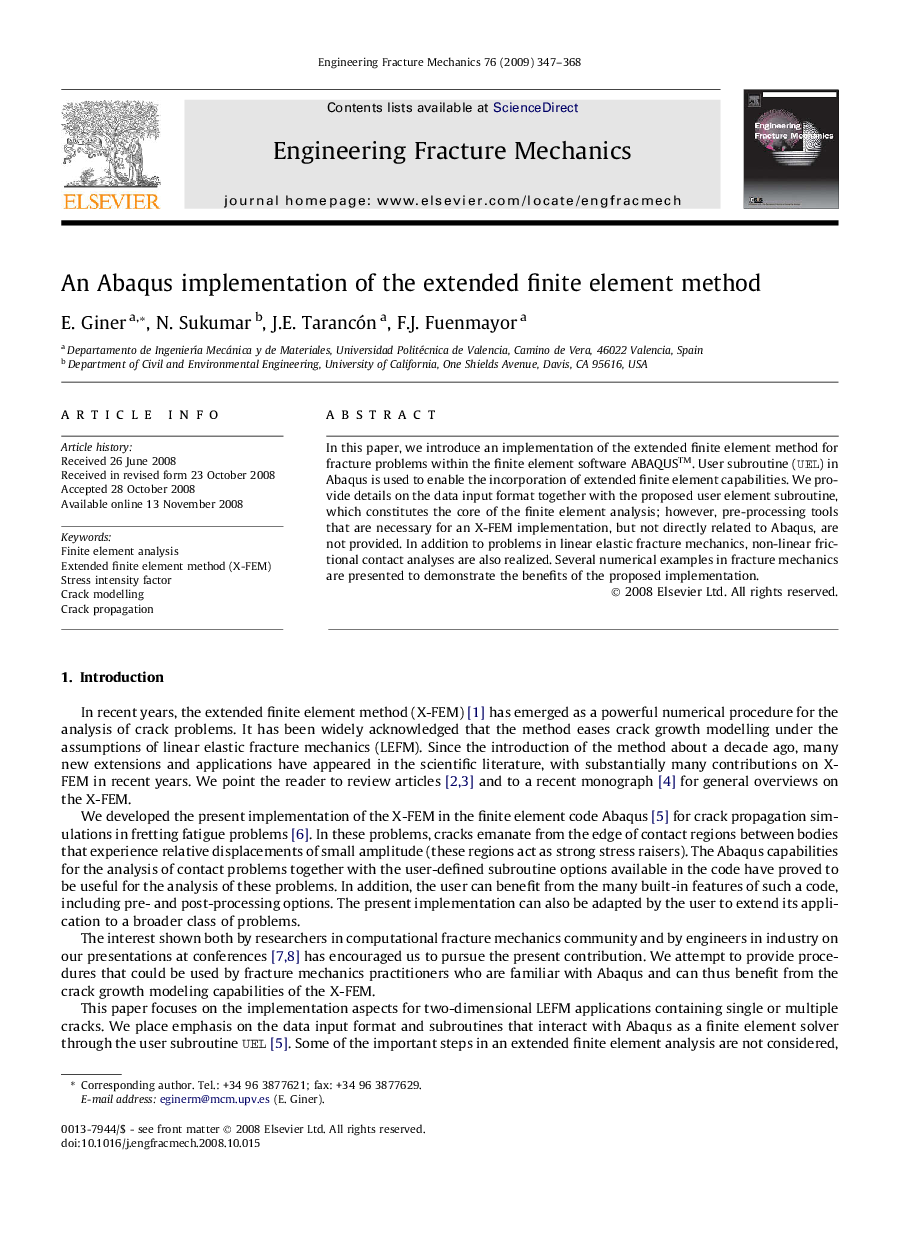 An Abaqus implementation of the extended finite element method