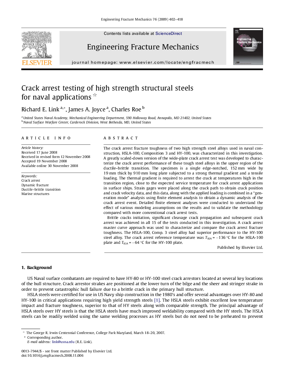 Crack arrest testing of high strength structural steels for naval applications 