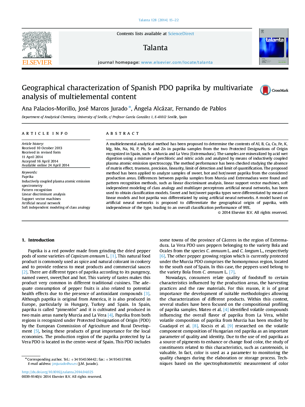 Geographical characterization of Spanish PDO paprika by multivariate analysis of multielemental content