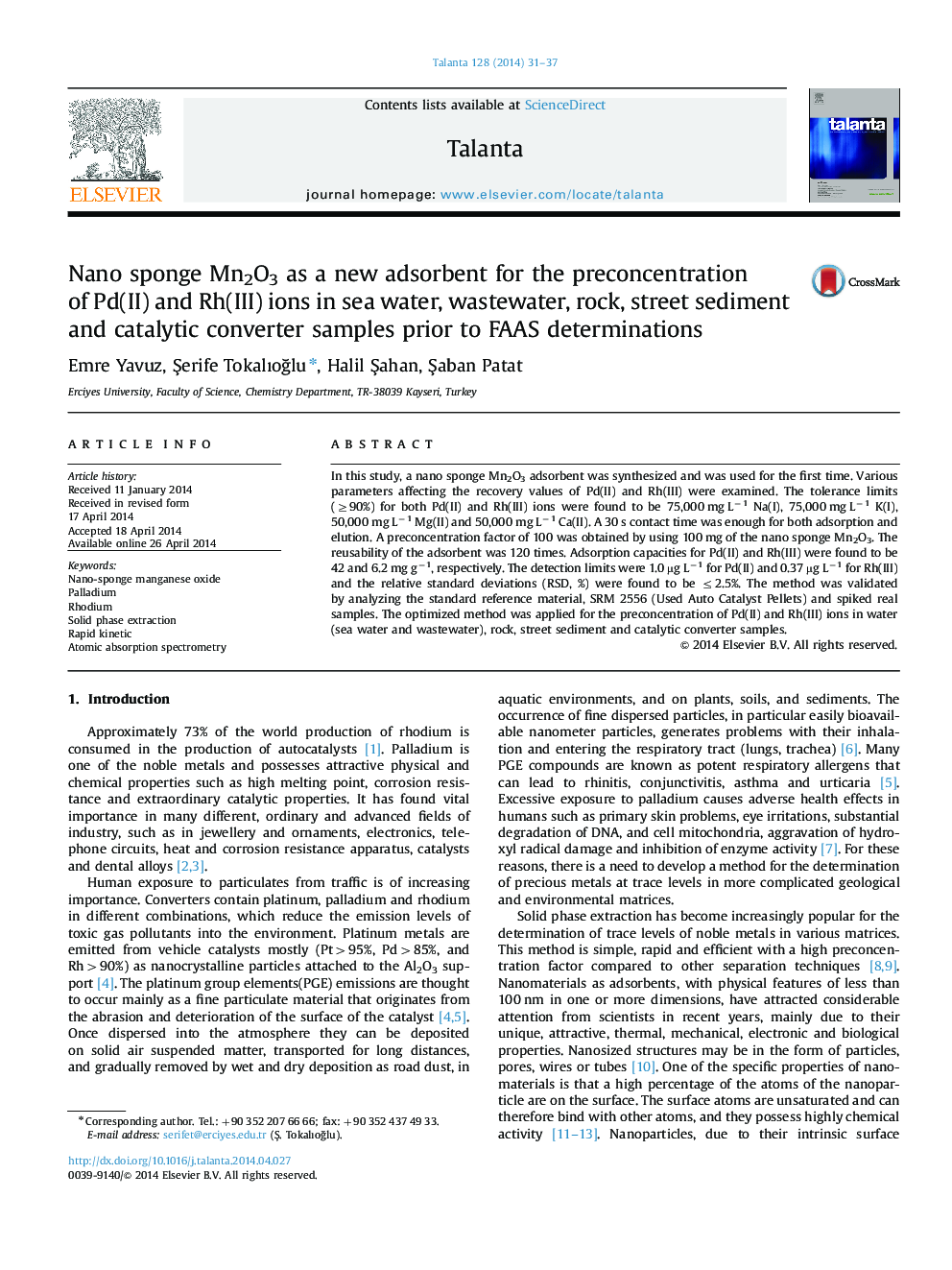 Nano sponge Mn2O3 as a new adsorbent for the preconcentration of Pd(II) and Rh(III) ions in sea water, wastewater, rock, street sediment and catalytic converter samples prior to FAAS determinations