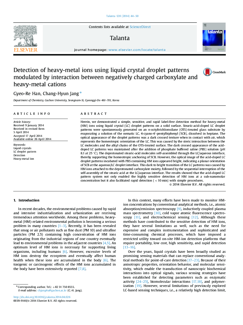 Detection of heavy-metal ions using liquid crystal droplet patterns modulated by interaction between negatively charged carboxylate and heavy-metal cations