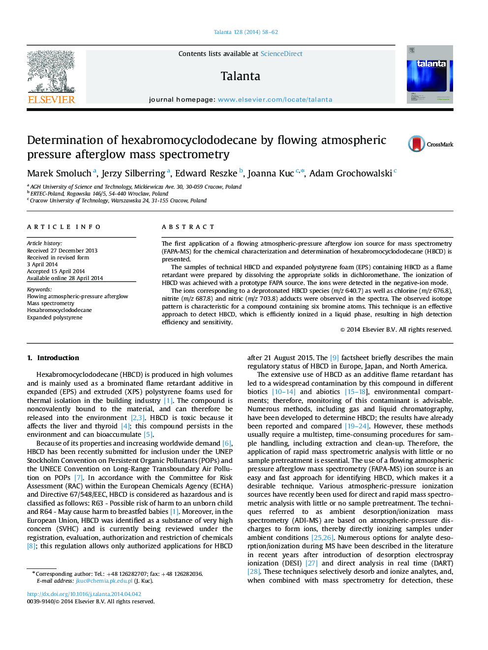 Determination of hexabromocyclododecane by flowing atmospheric pressure afterglow mass spectrometry