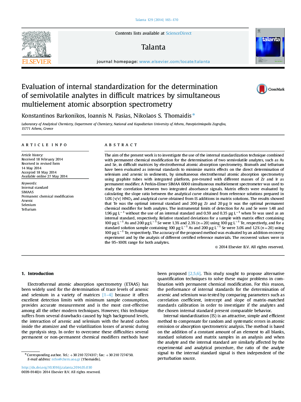 Evaluation of internal standardization for the determination of semivolatile analytes in difficult matrices by simultaneous multielement atomic absorption spectrometry