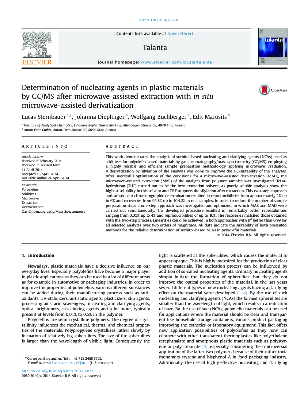 Determination of nucleating agents in plastic materials by GC/MS after microwave-assisted extraction with in situ microwave-assisted derivatization