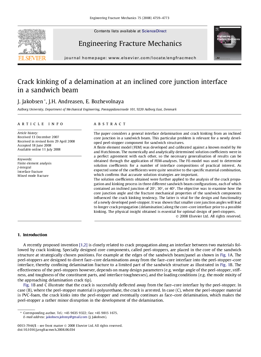 Crack kinking of a delamination at an inclined core junction interface in a sandwich beam