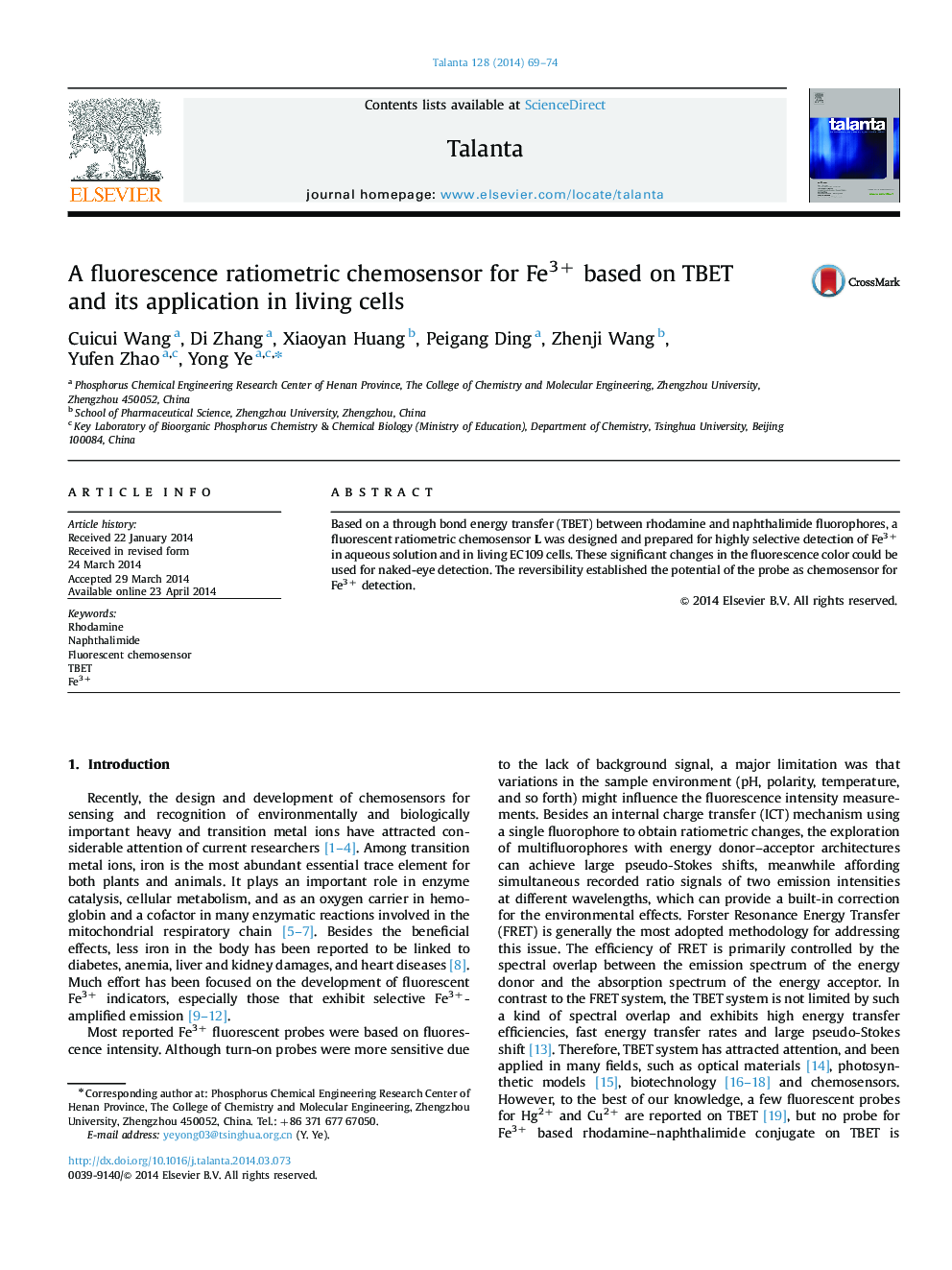 A fluorescence ratiometric chemosensor for Fe3+ based on TBET and its application in living cells