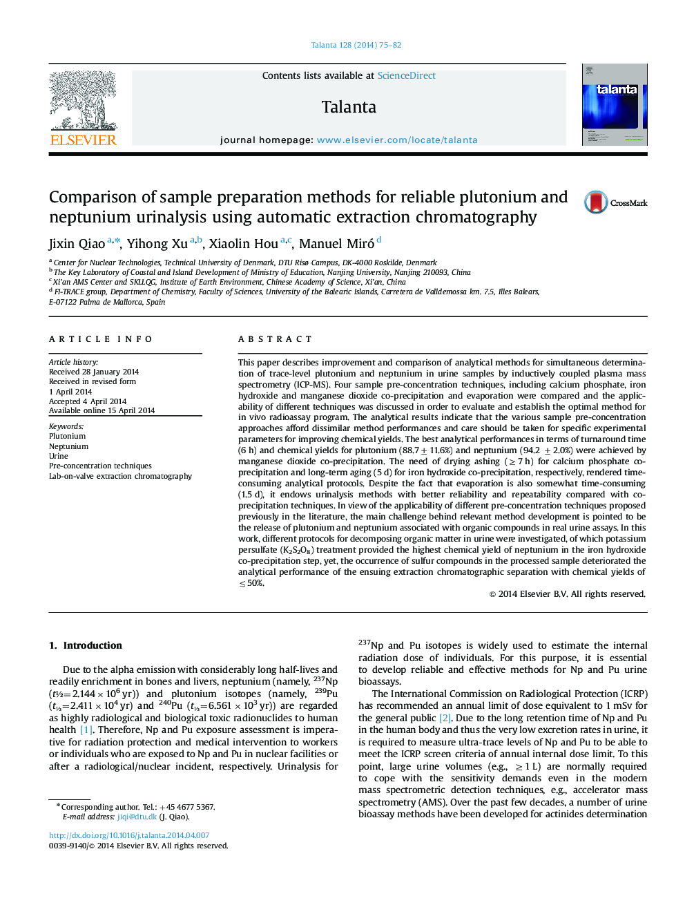 Comparison of sample preparation methods for reliable plutonium and neptunium urinalysis using automatic extraction chromatography