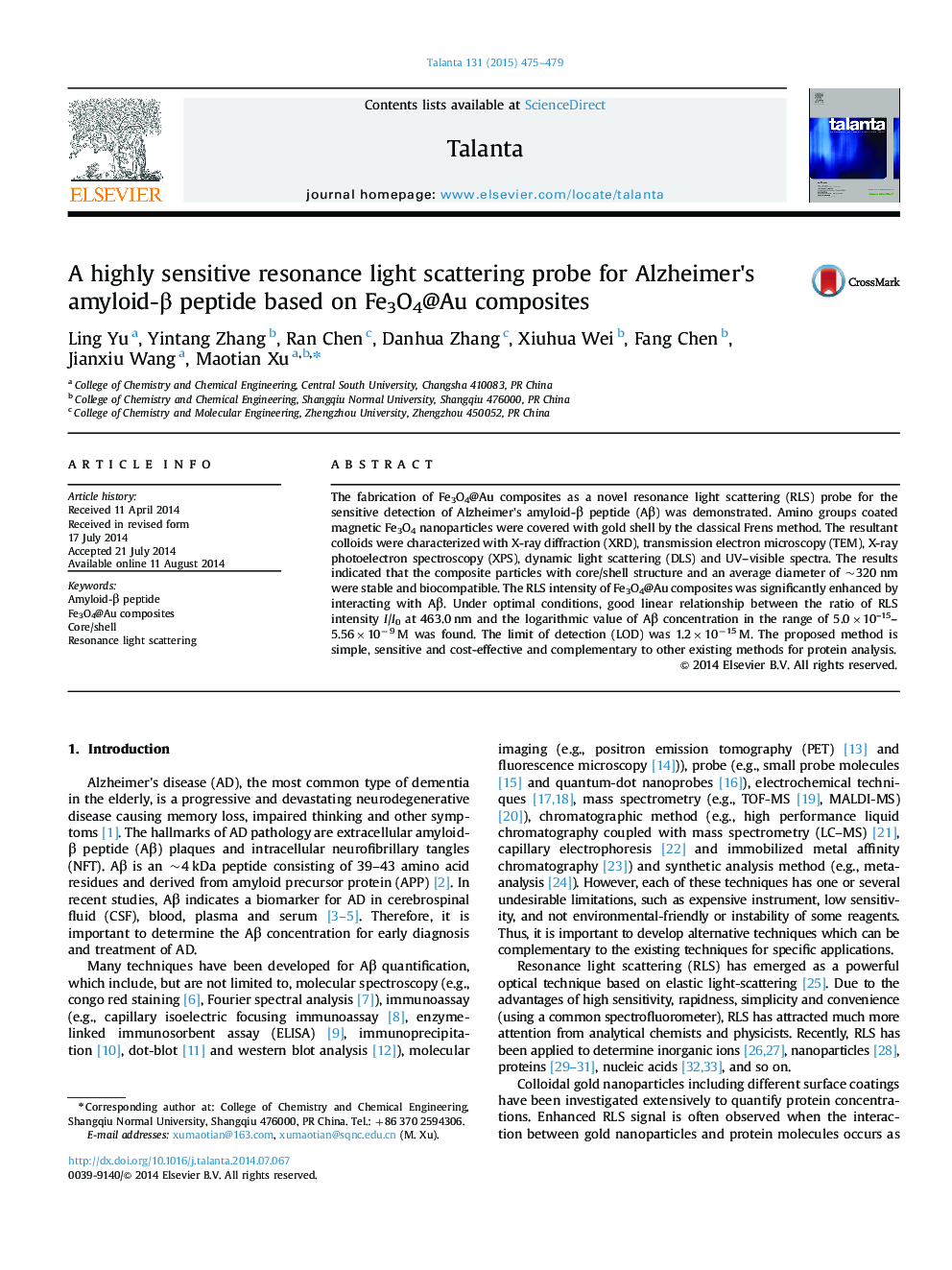 A highly sensitive resonance light scattering probe for Alzheimer×³s amyloid-Î² peptide based on Fe3O4@Au composites