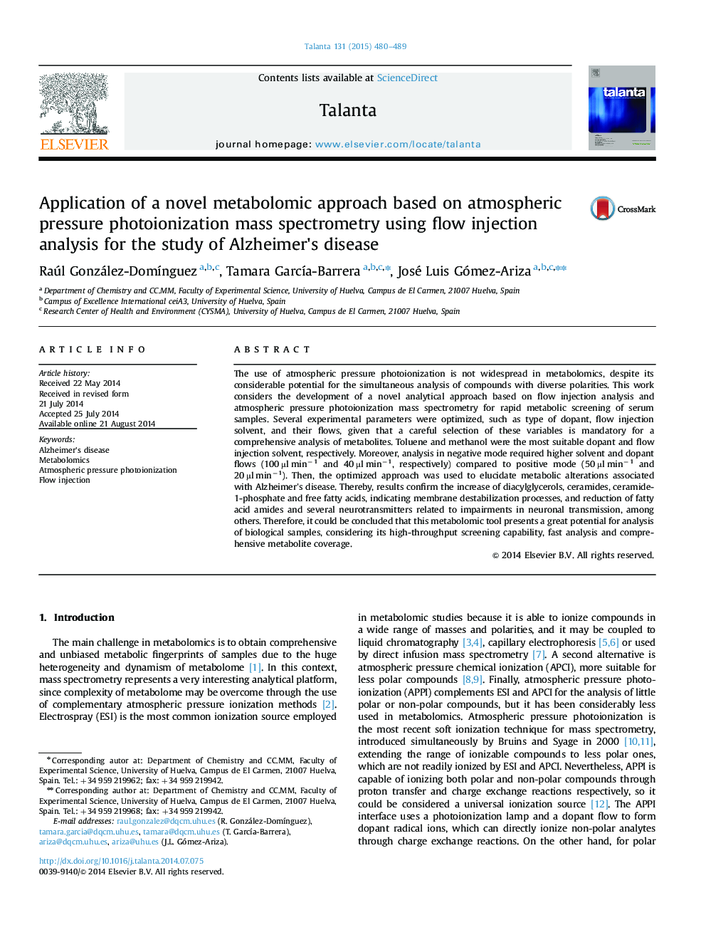 Application of a novel metabolomic approach based on atmospheric pressure photoionization mass spectrometry using flow injection analysis for the study of Alzheimer×³s disease