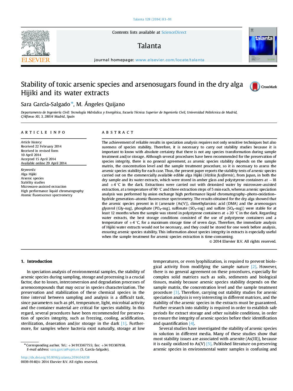 Stability of toxic arsenic species and arsenosugars found in the dry alga Hijiki and its water extracts