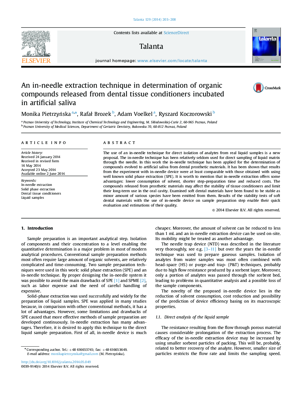 An in-needle extraction technique in determination of organic compounds released from dental tissue conditioners incubated in artificial saliva