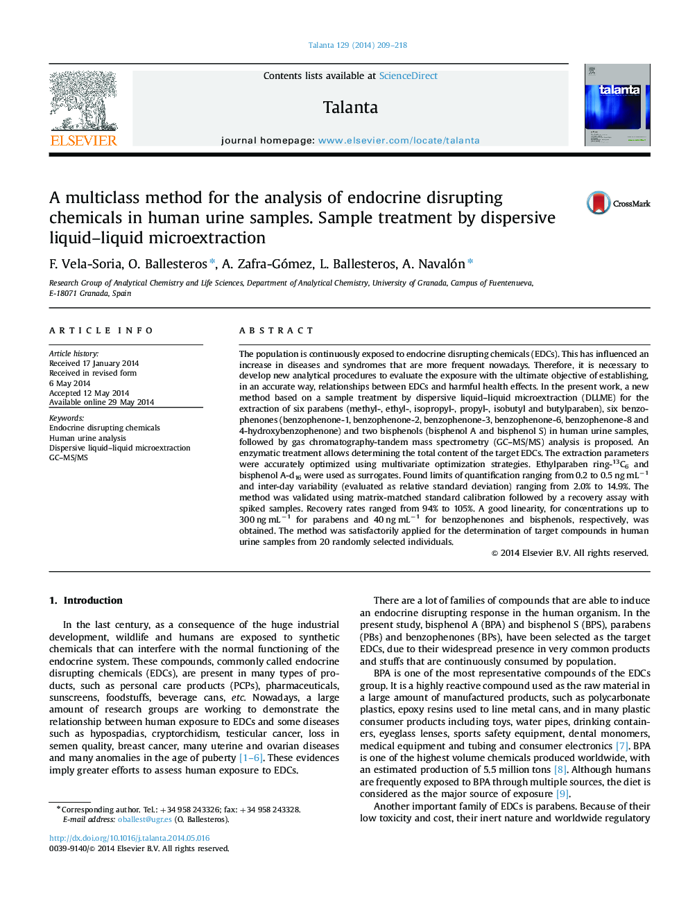 A multiclass method for the analysis of endocrine disrupting chemicals in human urine samples. Sample treatment by dispersive liquid-liquid microextraction