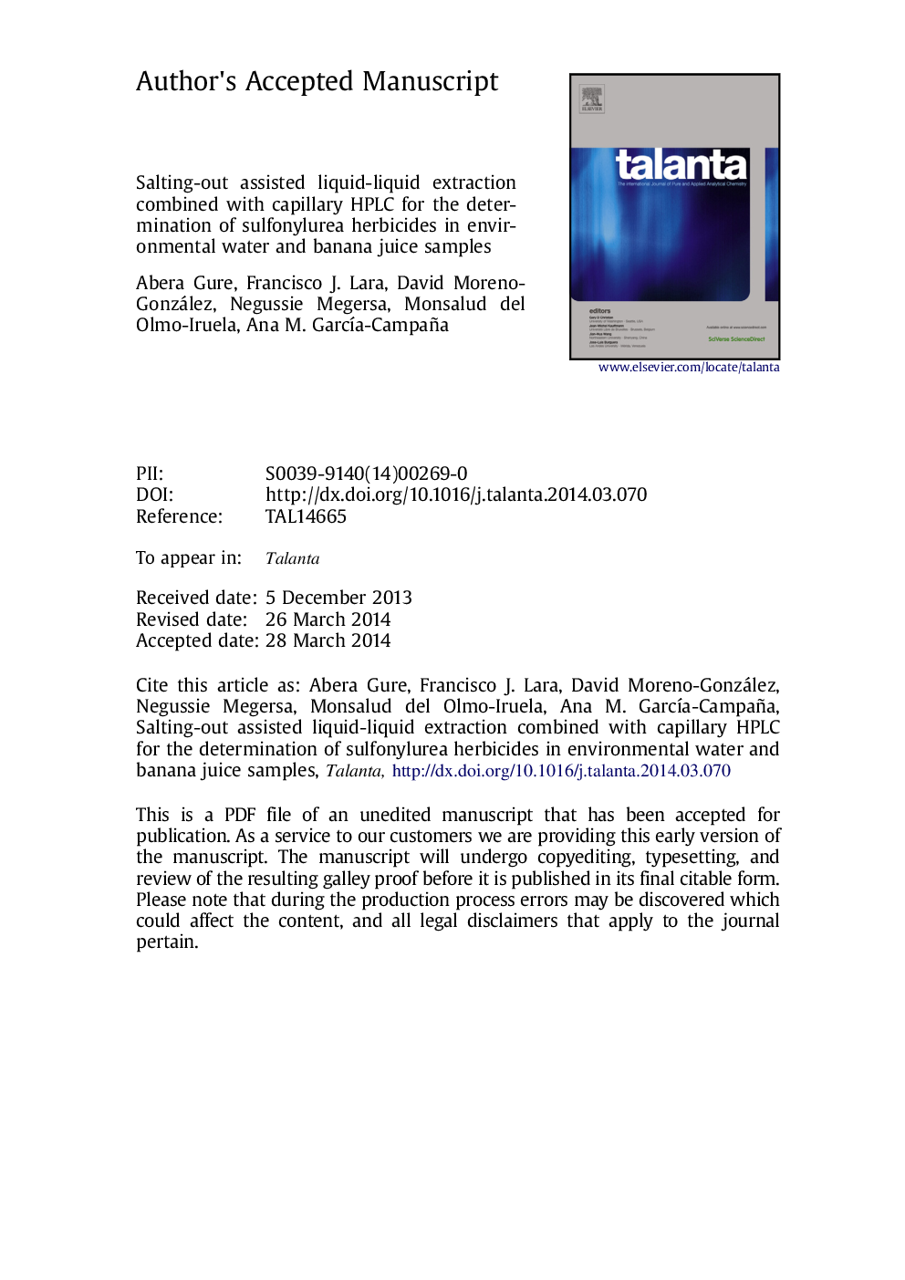 Salting-out assisted liquid-liquid extraction combined with capillary HPLC for the determination of sulfonylurea herbicides in environmental water and banana juice samples