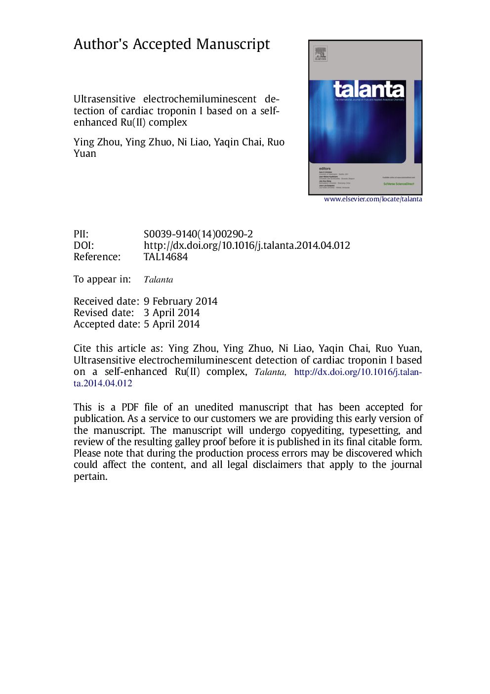 Ultrasensitive electrochemiluminescent detection of cardiac troponin I based on a self-enhanced Ru(II) complex